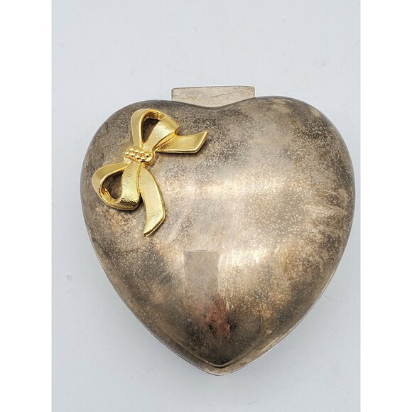 International Silver Co Plated Heart Shaped Jewelry Hinged Trinket Box with Bow - Picture 1 of 12